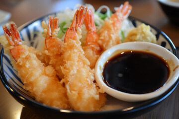 Wall Mural - A plate of crispy shrimp tempura served with dipping sauce and garnishes.