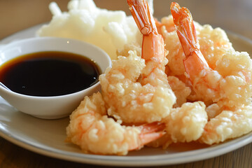 Wall Mural - A plate of crispy shrimp tempura served with a dipping sauce.