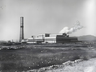 Imposing Industrial Facility with Tall Smokestack Emitting Smoke, Modern Architectural Design & Reflective Windows Surrounded by Sparse Vegetation, Featuring Grassy Foreground and Faint Mountain