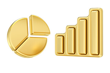 Golden pie chart and bar graph, business success growth and data analysis, ascending bar graph,3d rendering