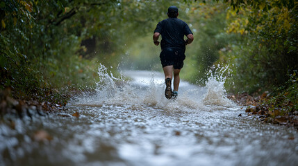 a runner powering through a flooded trail, water splashing up to their knees as the storm continues 