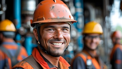 Joyful oil workers in helmets celebrating teamwork and camaraderie in the energy industry