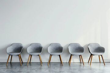 grey modern chairs near white wall with copy space