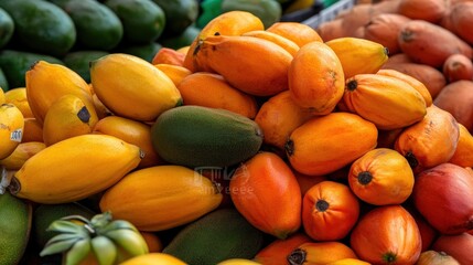 A pile of ripe papayas (Carica papaya) on a market stall, ready for tropical fruit lovers --ar 16:9 --personalize jaydbm9 --v 6.1 Job ID: deb3fe38-52f8-4649-b985-f0a7864c85be