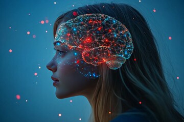 Canvas Print - Neurocomputation neural network simulation neural signal feedback synaptic plasticity and neuroinformatics side view of brain igniting glowing neural activity symbolizing cognitive technology