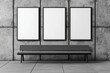 © mutter - 3D rendering, mockup of three blank white posters in black frames on grey wall background in abstract subway with concrete glossy floor.