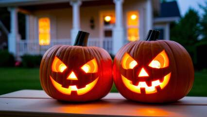 Wall Mural - Halloween jack o lantern with pumpkins