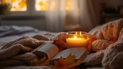 Wall Mural - Cozy Autumn Afternoon with Book and Candle