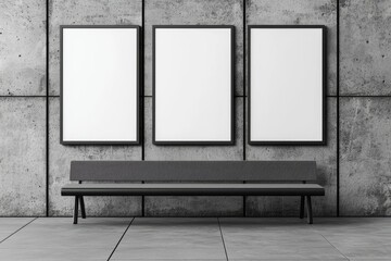 3d rendering, mockup of three blank white posters in black frames on grey wall background in abstrac