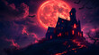 © john - Haunted house standing on a hill on halloween night with bats flying around a big red moon