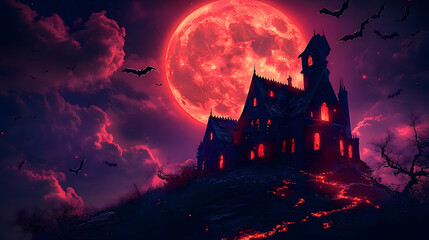 Wall Mural - Haunted house standing on a hill on halloween night with bats flying around a big red moon