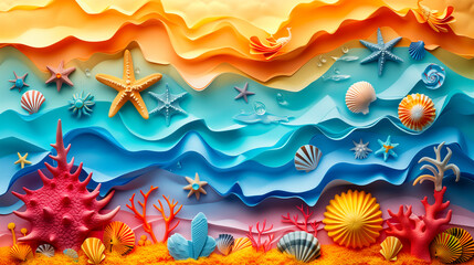 Colorful creative 3D background with underwater ocean life.