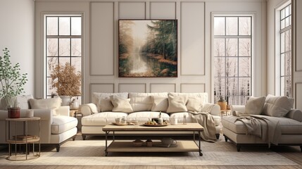 Canvas Print - Farmhouse living room interior background, wall mockup, 3d render  