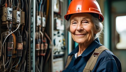 Empowered Female Electrician Radiating Confidence in Uniform and Hard Hat