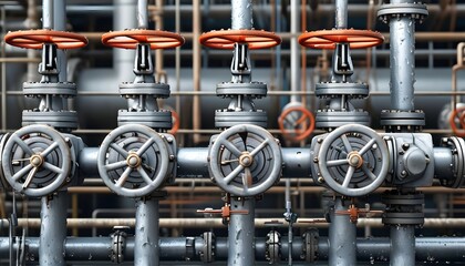 Industrial shut-off valves and faucets integrated into pipelines at an oil refinery facility