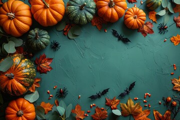 Wall Mural - halloween composition with pumpkins, bats and spiders