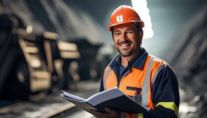 Cheerful worker in hard hat holding folder at coal mining enterprise