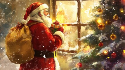 Santa Claus holding a sack of gifts beside a glowing Christmas tree, festive scene with golden lighting and cozy holiday decor. Christmas