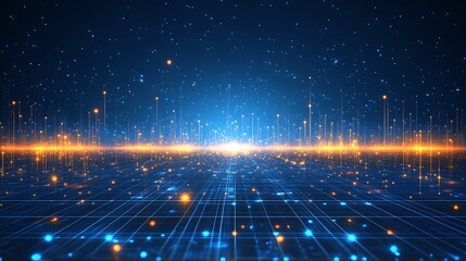 A vivid digital landscape with glowing lines and particles, representing data flow and technological advancement.