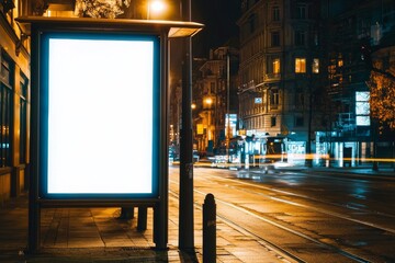 in-store advertising mockup for bus stops or signboards in public areas at night. empty mockup of li