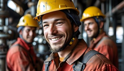 Joyful oil workers in hard hats showcasing teamwork and camaraderie