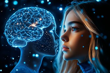Neurocybernetics neurotechnology neurocomputing and brain computer interface young woman’s head with illuminated neural pathways showcasing cognitive development through neural stimulation