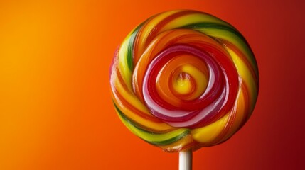 Leinwandbilder - A close-up of a single lollipop with a swirl pattern, capturing its glossy surface and vibrant colors.