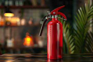 red modern fire extinguis on wooden table with copy space