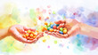 © Quality Photos - Colorful hands exchanging vibrant spheres in a watercolor background, symbolizing sharing, connection, and creativity.