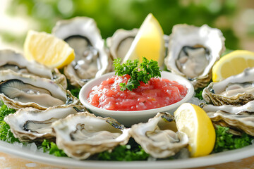 Canvas Print - A platter of fresh oysters served with lemon and a spicy sauce.