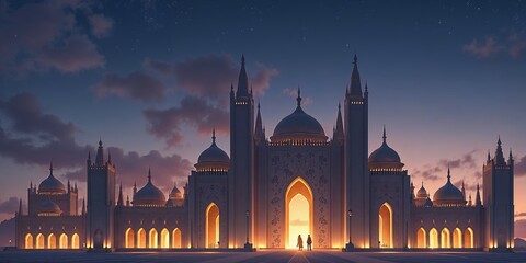 Two figures stand silhouetted against the glowing entrance of a grand, ornate mosque at twilight.