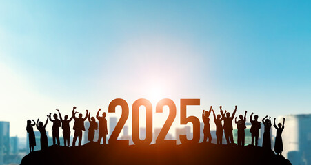 Poster - 2025年を祝って万歳する人々　ビジネス向け2025年新年イメージ　令和七年年賀状素材