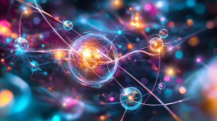 Aufkleber - A colorful and intricate graphic of atoms interacting in a chemical reaction, with vibrant electron paths and molecular structures.