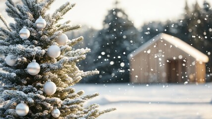 Elegant minimalist Christmas tree, white and silver decorations, snowy outdoor setting, soft lighting, and natural shadows. Christmas