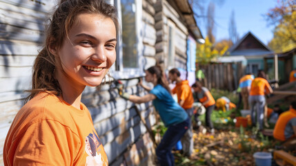 Wall Mural - Female volunteer in a group of volunteers who are repairing a house