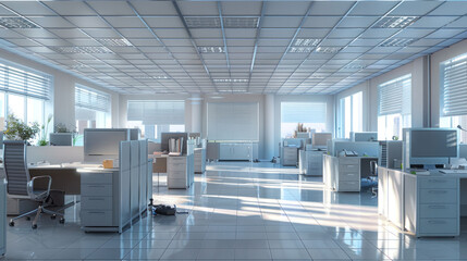 A modern office interior featuring spacious workstations, large windows, and bright lighting. clean design promotes productivity and positive work environment