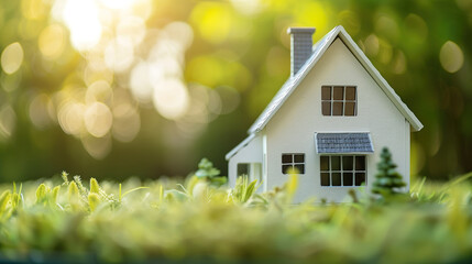     Model house in a lush green setting with soft sunlight