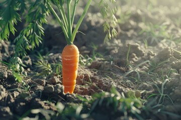 A fresh carrot partly unearthed in a garden, bathed in soft morning sunlight, showcasing its vibrant orange color.