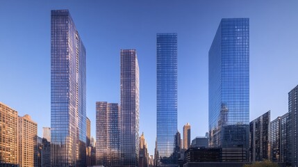 A dramatic shot of high-rise buildings with reflective glass facades against a clear blue sky, highlighting the city's architectural grandeur.