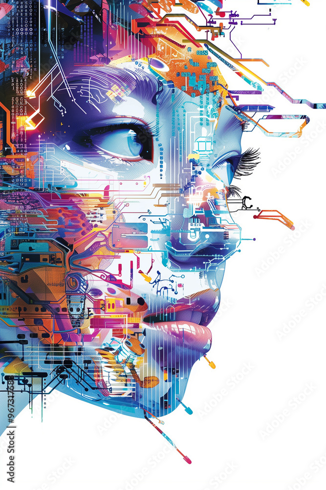 A woman's face is shown in a computer generated image with a bright ...