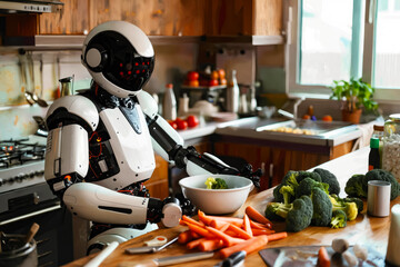 A robot preparing food in a kitchen with vegetables on the counter