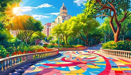 Wall Mural - Vibrant Mosaic of a Bright Summer Park Under a Clear Sky