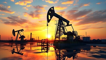 Sunset silhouette of an oil pump against a vibrant sky, symbolizing the energy industry and crude oil production.