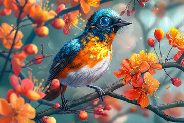 Poster - A colorful bird sitting on a branch with orange flowers