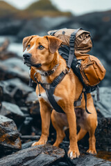 Canvas Print - A brown dog with a backpack standing on a rocky beach