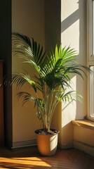 Sticker - a potted areca palm plant by the window in minimalist style of indoor plants