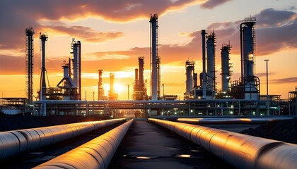 Wall Mural - Industrial pipeline leading to an oil refinery with petrochemicals and an oil and gas plant silhouetted against a vibrant sunset backdrop