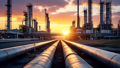 Wall Mural - Industrial pipeline leading to an oil refinery with petrochemicals and an oil and gas plant silhouetted against a vibrant sunset backdrop