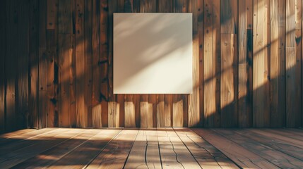 Blank Canvas Hanging on Wooden Wall in Sunlit Room - Perfect for Art Display Mockup and Interior Design Inspirations in a Warm Atmosphere