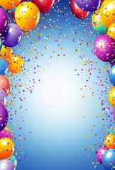 Wall Mural - Bright party balloons and confetti cascading from the top of the image, with an empty center section perfect for custom use